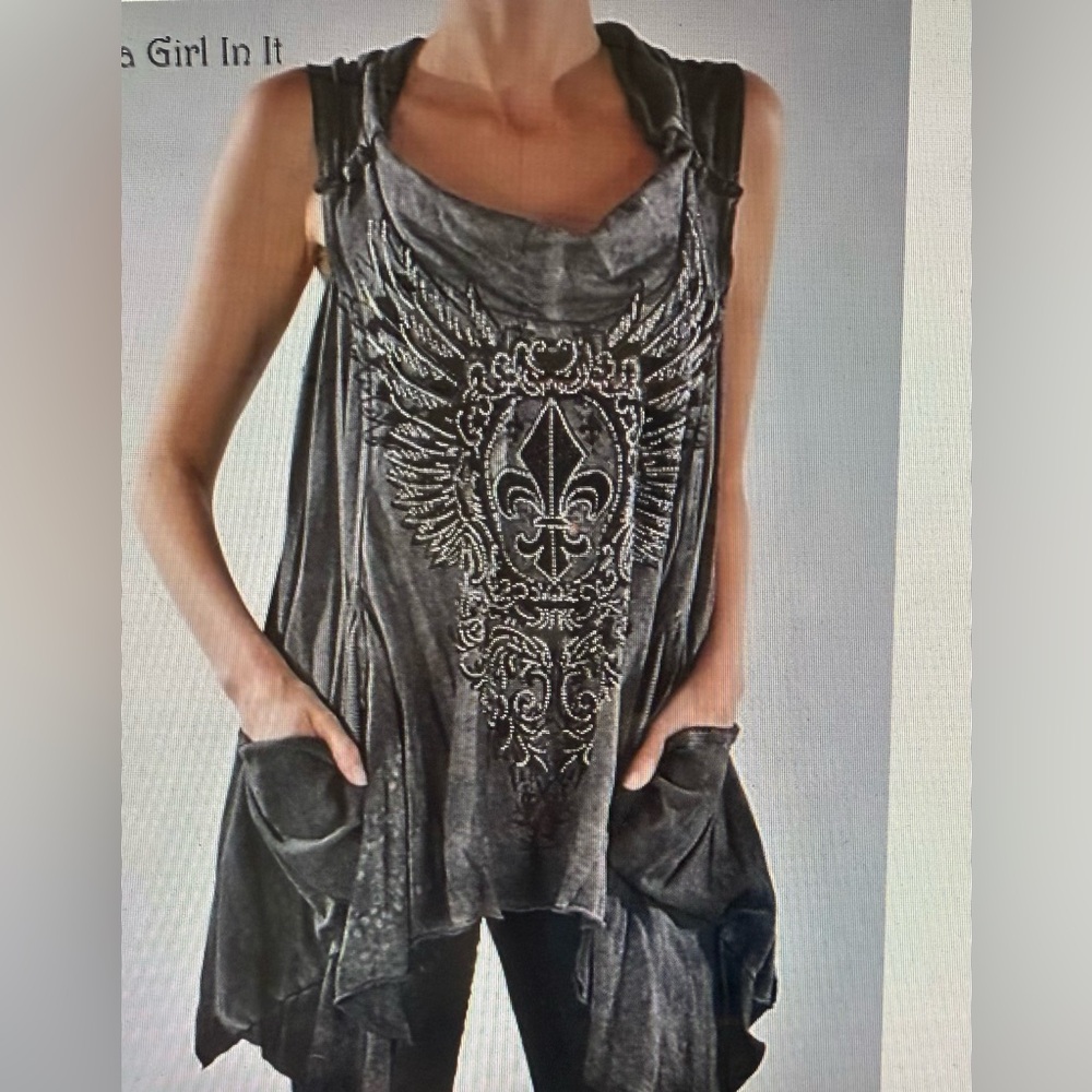 New VOCAL Womens CRYSTAL GRAY FLEUR DE LIS SLOUCH MOCK TANK TOP SHIRT S